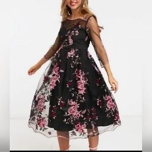 NWT Chi Chi London maternity black floral tule embroidered midi dress si…